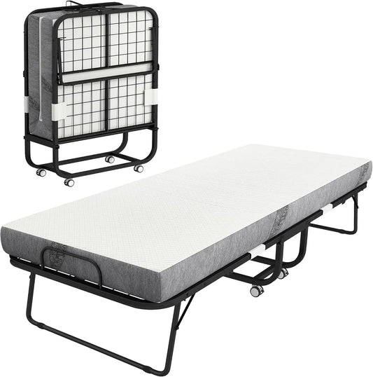 Lit Pliant 1 Place avec Matelas à Mémoire de Forme 12,7 cm, Cadre en Acier, Portable sur Roulettes