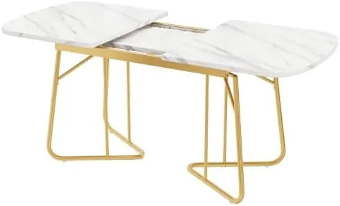 Table extensible en marbre blanc avec pieds dorés, 140/180 x 80 cm, pour 4 à 6 personnes