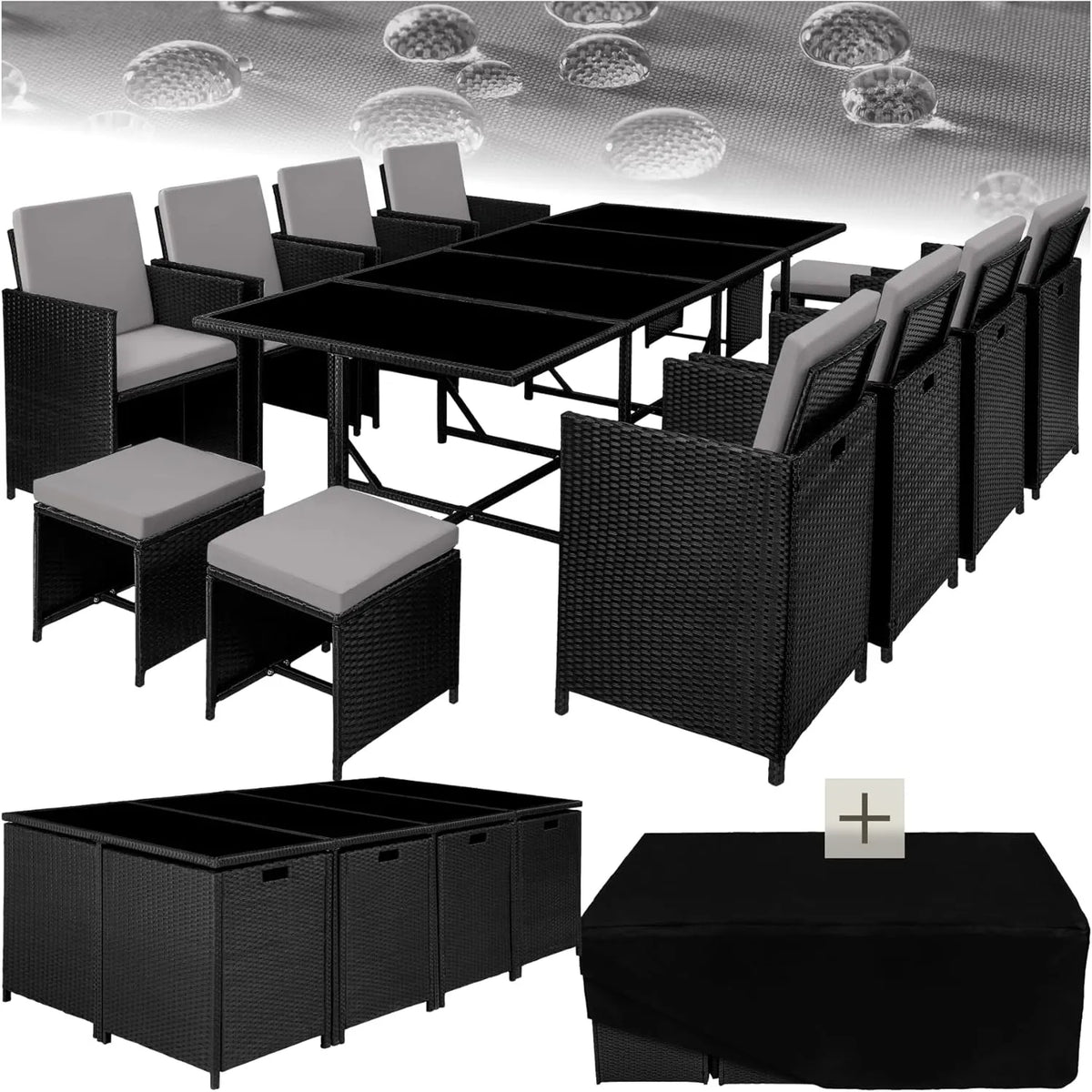 Ensemble de Salle à Manger d'Extérieur en Résine Tressée - 8 Chaises, 4 Tabourets et 1 Table - Mobilier de Jardin pour Balcon et Terrasse - Noir et Gris