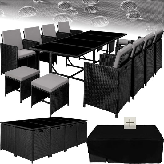 Ensemble de Salle à Manger d'Extérieur en Résine Tressée - 8 Chaises, 4 Tabourets et 1 Table - Mobilier de Jardin pour Balcon et Terrasse - Noir et Gris
