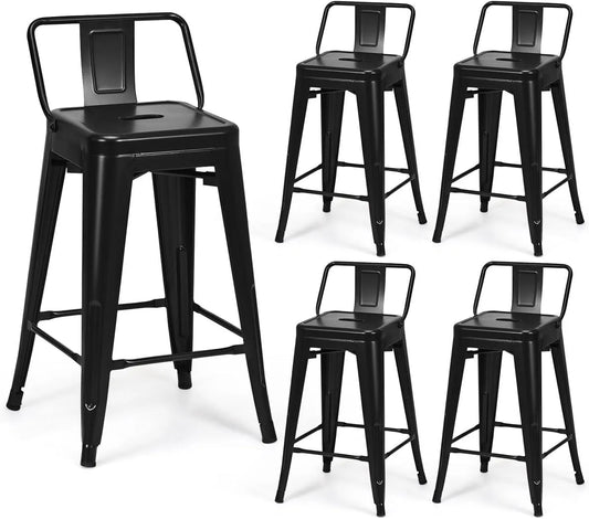Tabourets de Bar Industriels en Métal, Lot de 4, Dossier Amovible, Empilables, Hauteur 60 cm, Pieds Antidérapants pour Cuisine et Café