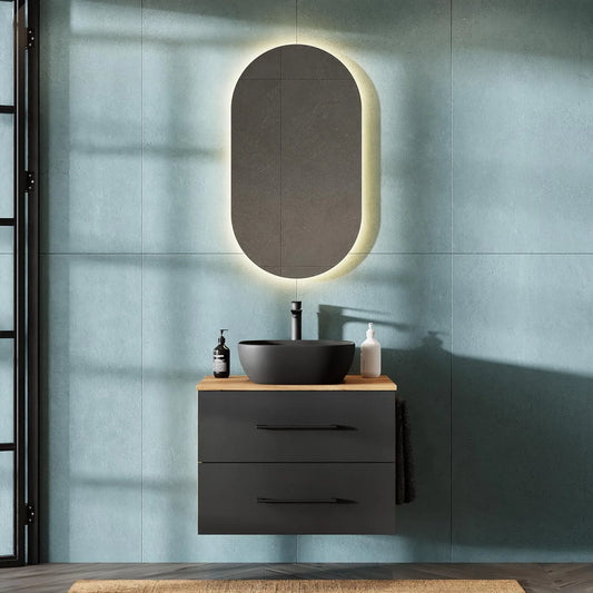 Ensemble de Meubles de Salle de Bain Planetmöbel LUX: Meuble Sous-Lavabo 70 cm, Vasque Surélevée 42 cm, Chêne Or/Noir Anthracite