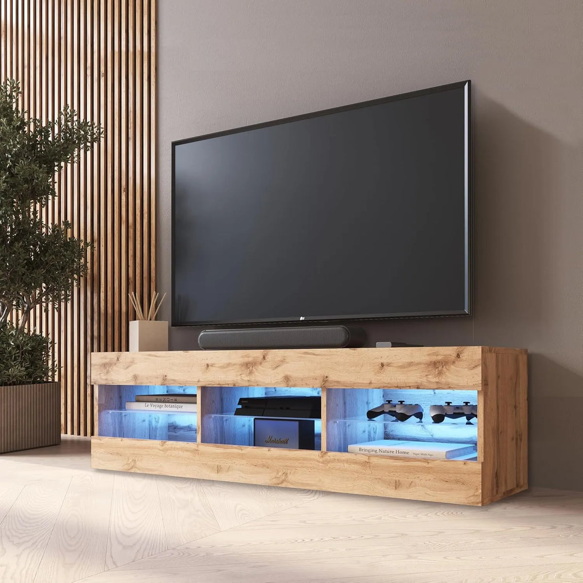 Meuble TV Tivoli en Bois Wotan, LED Bleues, 140x40,5x35,5 cm, pour Salon et Chambre