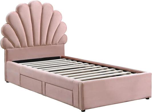 Lit d'enfant coque 90x190 cm avec tiroirs en velours rose Moana