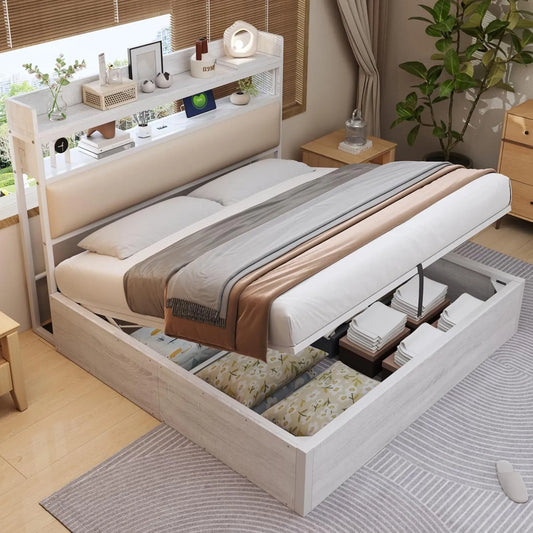 Cadre de Lit Double 180x200cm avec Rangement Intégré et Port USB-C, Sommier à Lattes, Tête de Lit Rembourrée, Adultes et Adolescents, Blanc