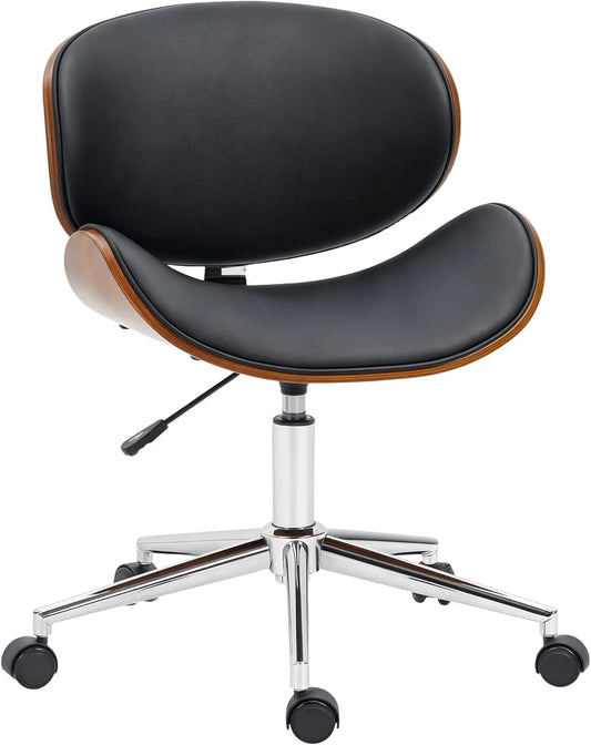 Chaise de Bureau Rétro Vinsetto, Hauteur Ajustable, Pivotante 360°, Base Chromée, Bois de Peuplier, Revêtement Synthétique, Dimensions 53 x 53 x 77-87 cm, Noir