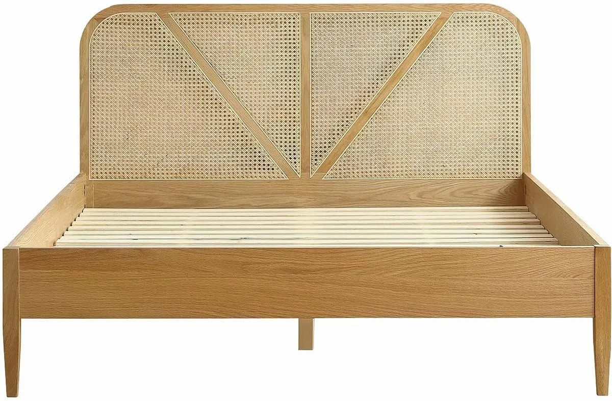 Lit Double 180x200 cm en Chêne avec Tête de Lit en Bois Massif et Rotin - Modèle Leonie