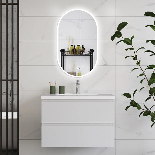 Meuble de Salle de Bain 79 cm Blanc avec Vasque en Céramique, Tiroirs et Miroir LED Ovale