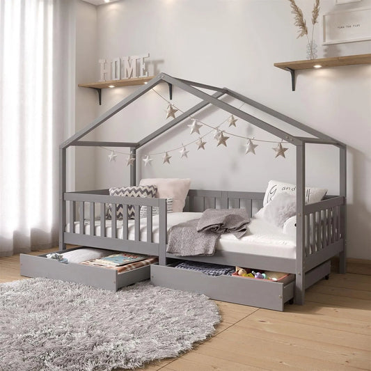 Lit cabane Montessori enfant 90x200 cm avec rangements gris en pin massif
