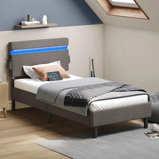Lit Simple Moderne en Métal avec Tête de Lit Rembourrée, Éclairage LED et Ports USB-C, 90 x 190 cm, Gris Foncé