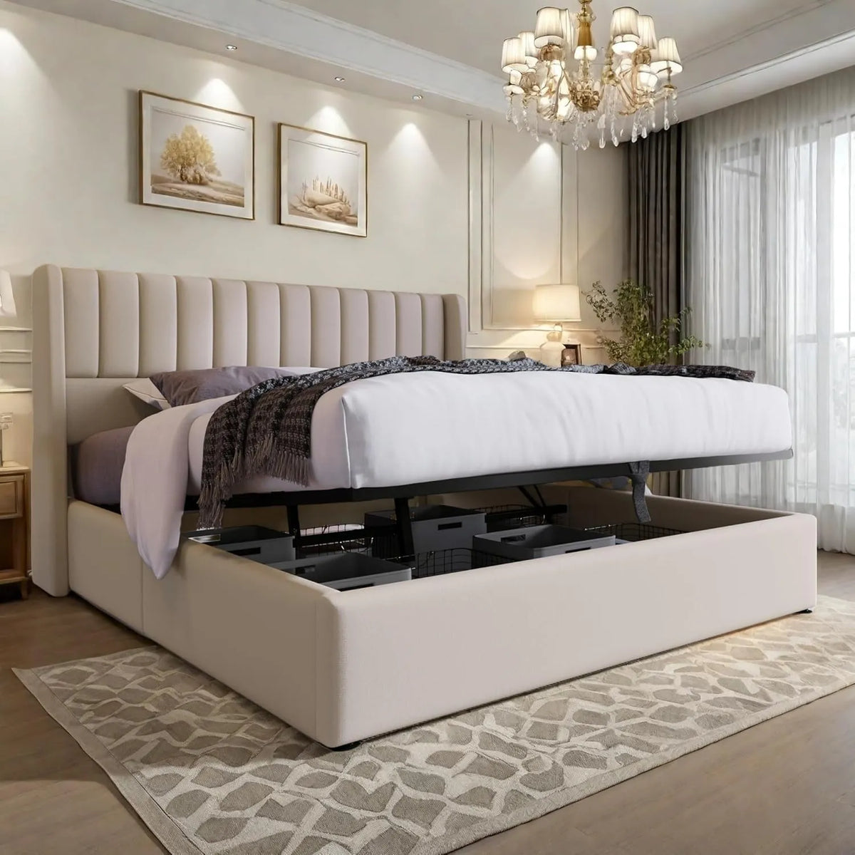 Lit Coffre Double 160x200 cm en Lin Beige avec Rangement Hydraulique et Sommier à Lattes