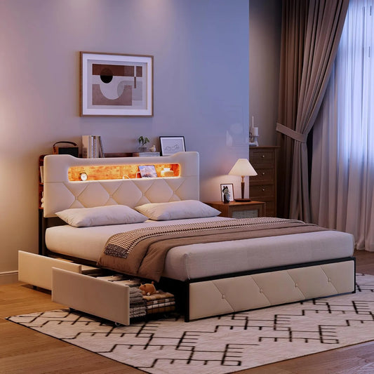 Lit Double Velours 160x200 avec LED, USB et Rangement, Beige