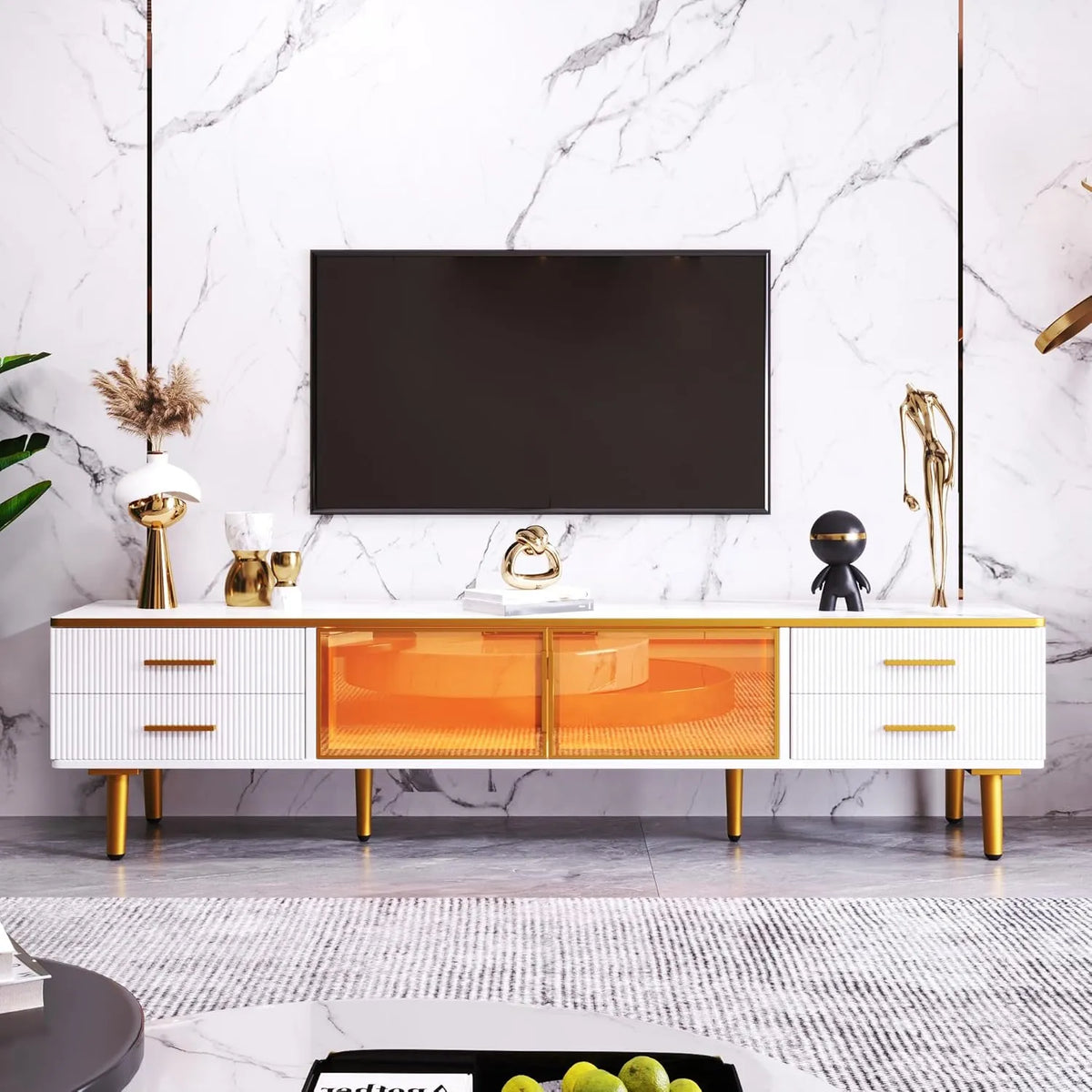 Buffet TV Moderne Blanc avec LED et Rangement en Verre Trempé, 170 cm