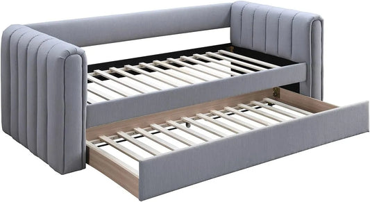 Lit gigogne enfant 90x190 cm en tissu gris SAHONA