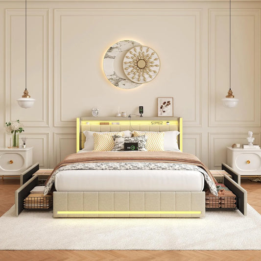 Lit Double 160x200cm avec LED et Ports USB, 4 Tiroirs, Facile à Assembler, Beige