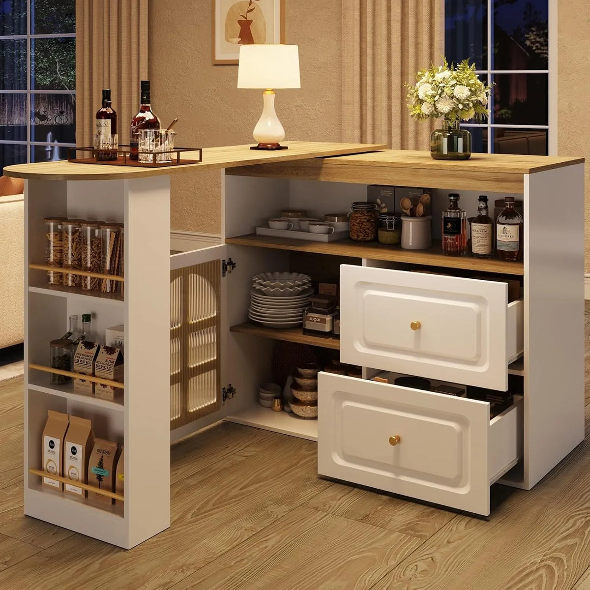 Îlot de Cuisine Extensible avec Portes en Verre, Tiroirs et Étagères - Blanc