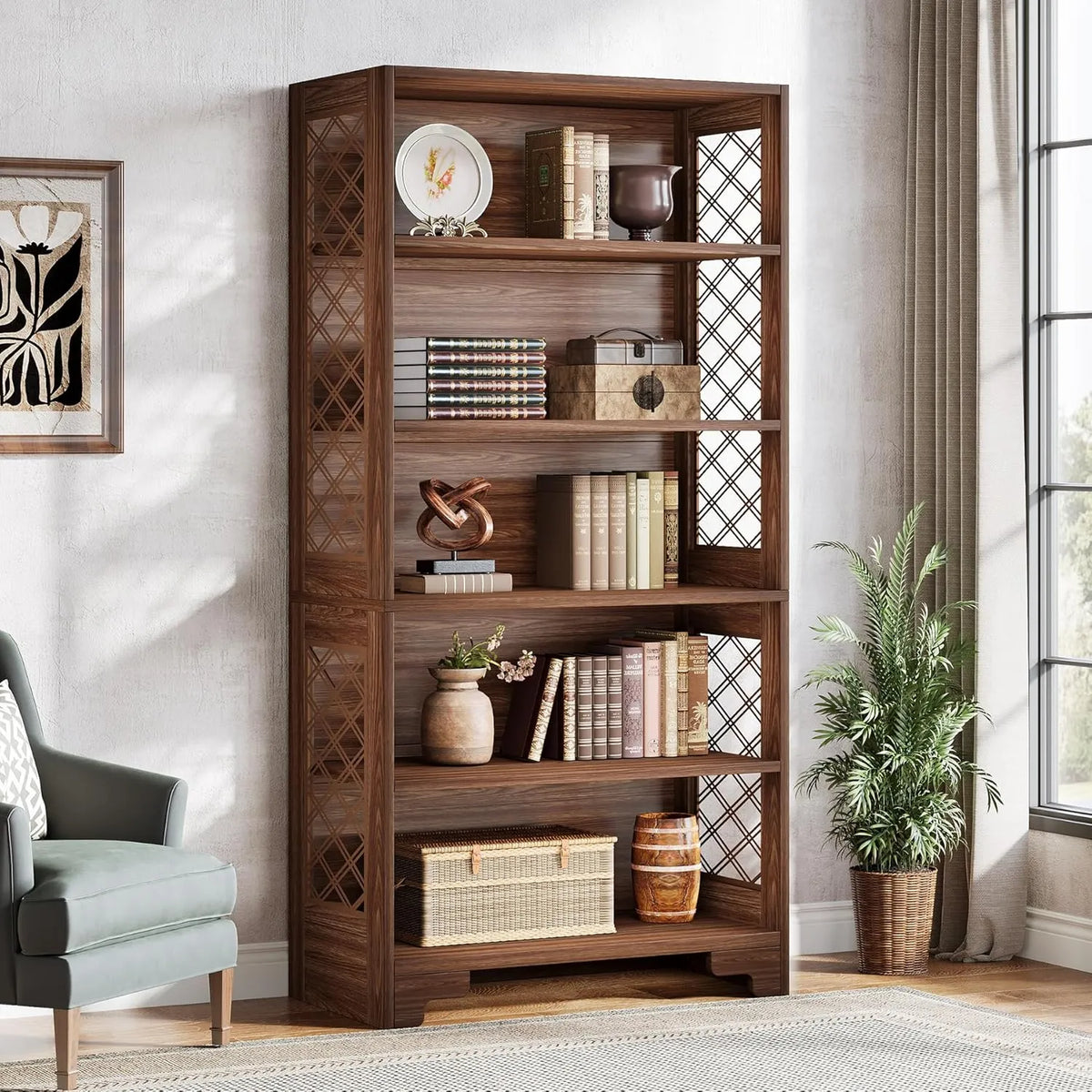 Étagère Haute Vintage 6 Niveaux Style Mid-Century Modern pour Bureau et Salon 180cm