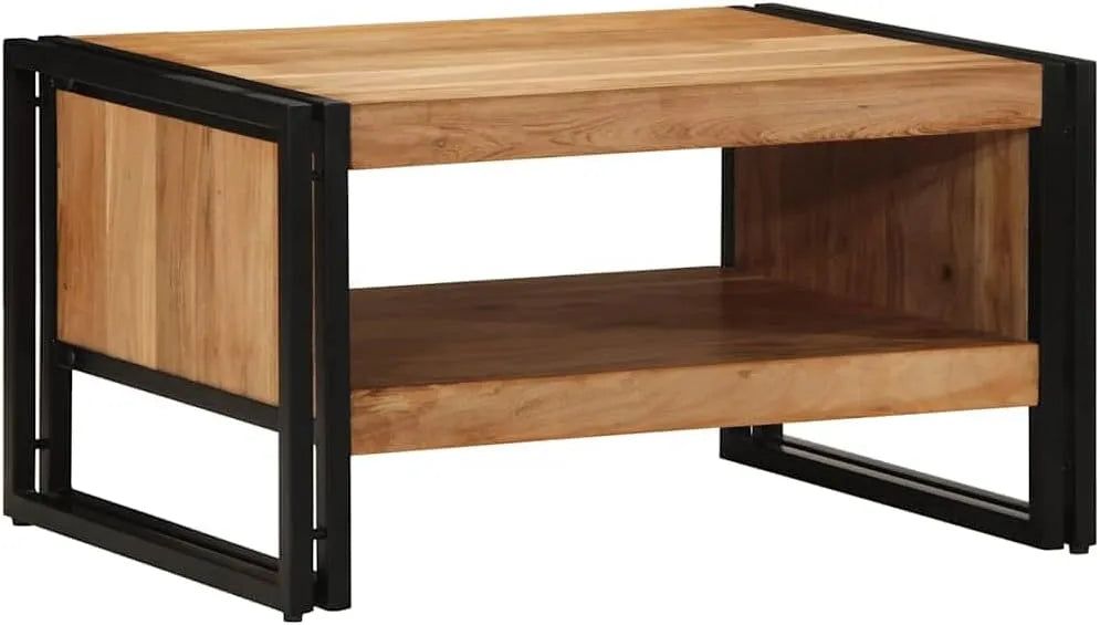 Table basse moderne en acacia avec structure en bois massif et métal, dimensions 70 x 50 x 38 cm, idéale pour salon, chambre et terrasse