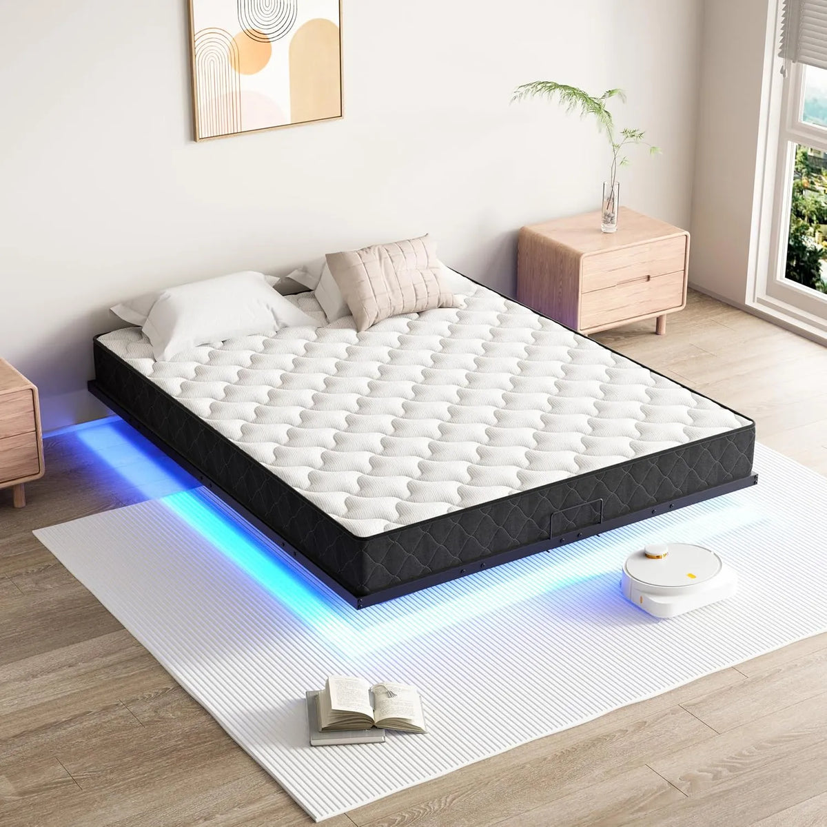 Cadre de Lit 140x200 avec Sommier et LED, Espace de Rangement, Noir