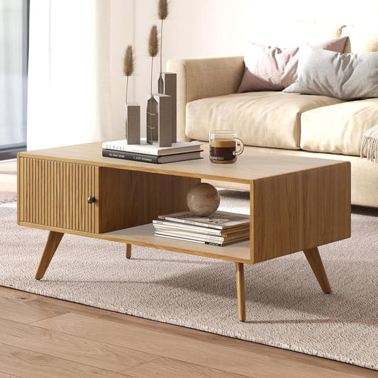 Table Basse Scandinave en Chêne avec Rangement, 105x55x45cm, Montage Facile et Solide