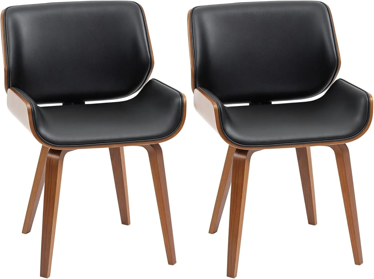 Ensemble de 2 Chaises Vintage pour Salle à Manger, Siège en Similicuir Noir, Pieds en Bois