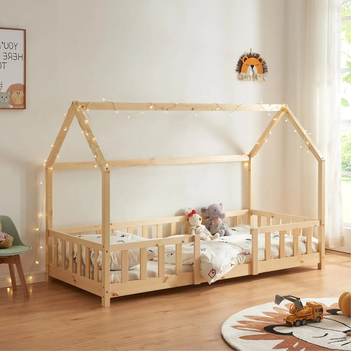 Lit Cabane pour Enfant avec Barrières de Sécurité, Bois Naturel 90x200 cm