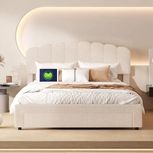Lit Coffre Beige 160x200 avec LED et Port USB, Tête Réglable et Sommier à Lattes Moderne