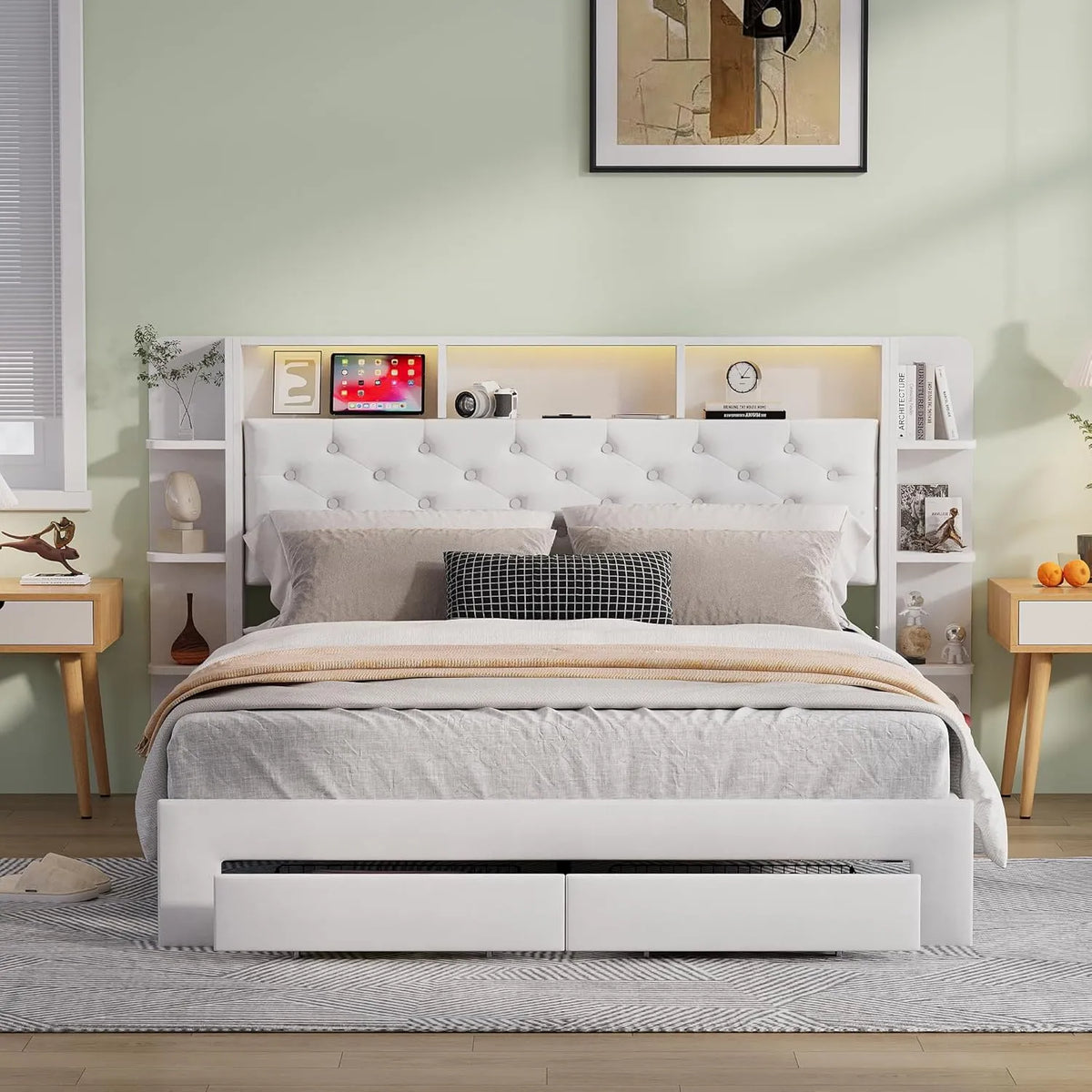 Lit Double 160x200 cm avec LED, Ports USB et Rangement Intégré