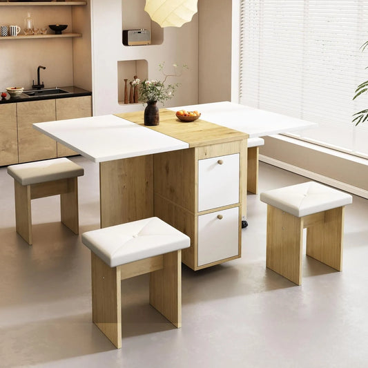 Ensemble Table à Manger Extensible avec 4 Chaises Pliantes en Bois Massif de Chêne Blanc
