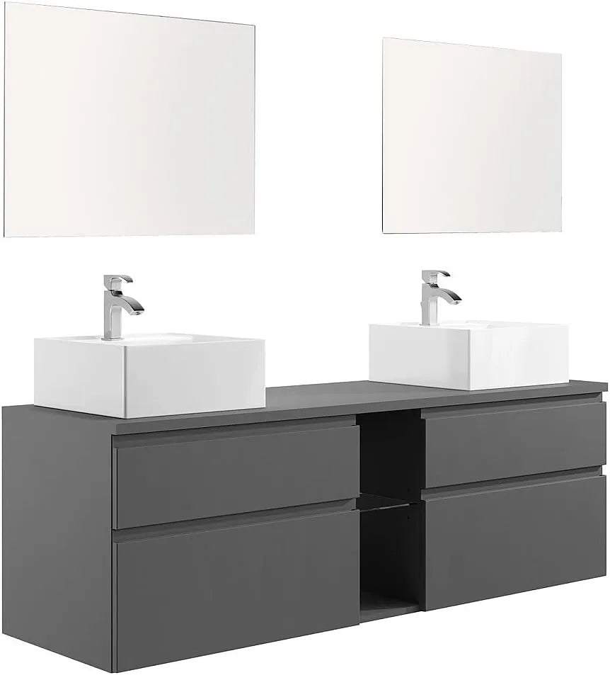 Ensemble de Salle de Bain Suspendu 150 cm Gris avec Double Vasque et Miroirs - Magdalena II