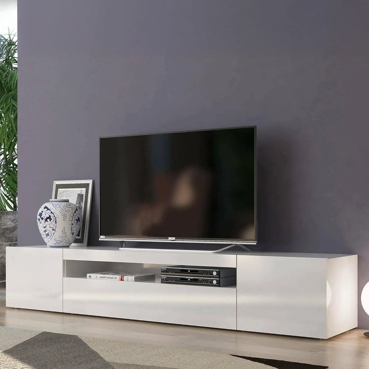 Buffet TV Jesse 3 Portes, Design Italien, 200x40x37 cm, Blanc Brillant