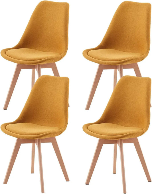 Ensemble de 4 Chaises Scandinaves en Lin Jaune pour Salle à Manger, Pieds en Hêtre Massif