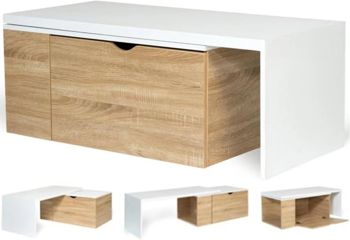 Table basse rotative 360° en bois et blanc avec rangement - Modèle Lizzi