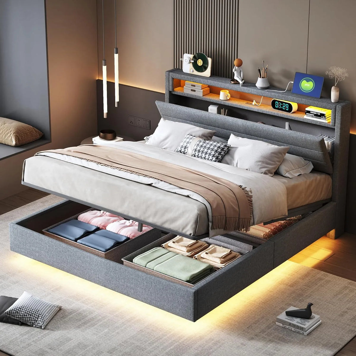 Lit Coffre 140x200 cm avec LED, USB et Rangement en Lin Gris