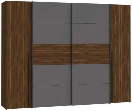 Armoire Forte Narago 270 cm avec Portes Coulissantes et Battantes, Finition Noyer et Gris Tungstène