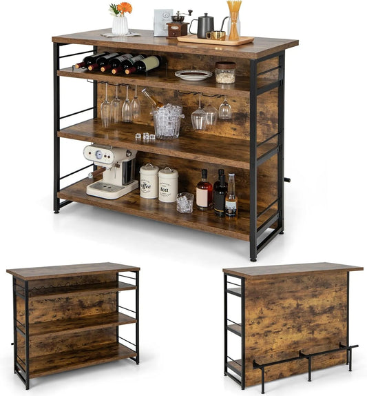 KOMFOTTEU Meuble de Bar Multifonction 2-en-1 avec Rangement - Armoire à Vin 4 Niveaux - Étagère à Verres - Buffet Haut avec Pieds Réglables - 120x60x101 cm (Marron)