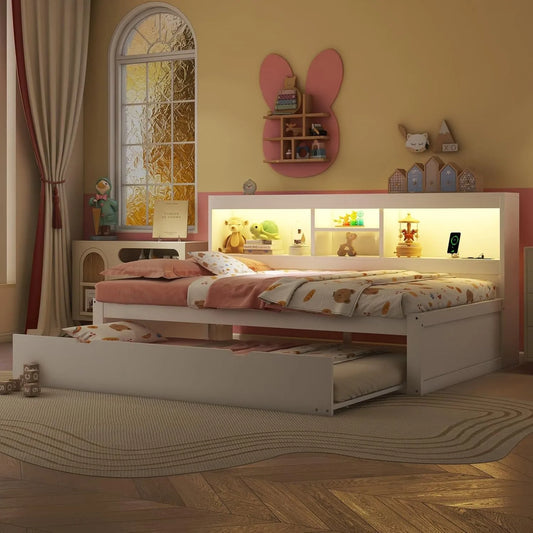 Canapé-lit Multifonction avec Rangement et Port USB, Lit de Jour avec Lit Gigogne et Éclairage LED (Blanc, 90x200cm)