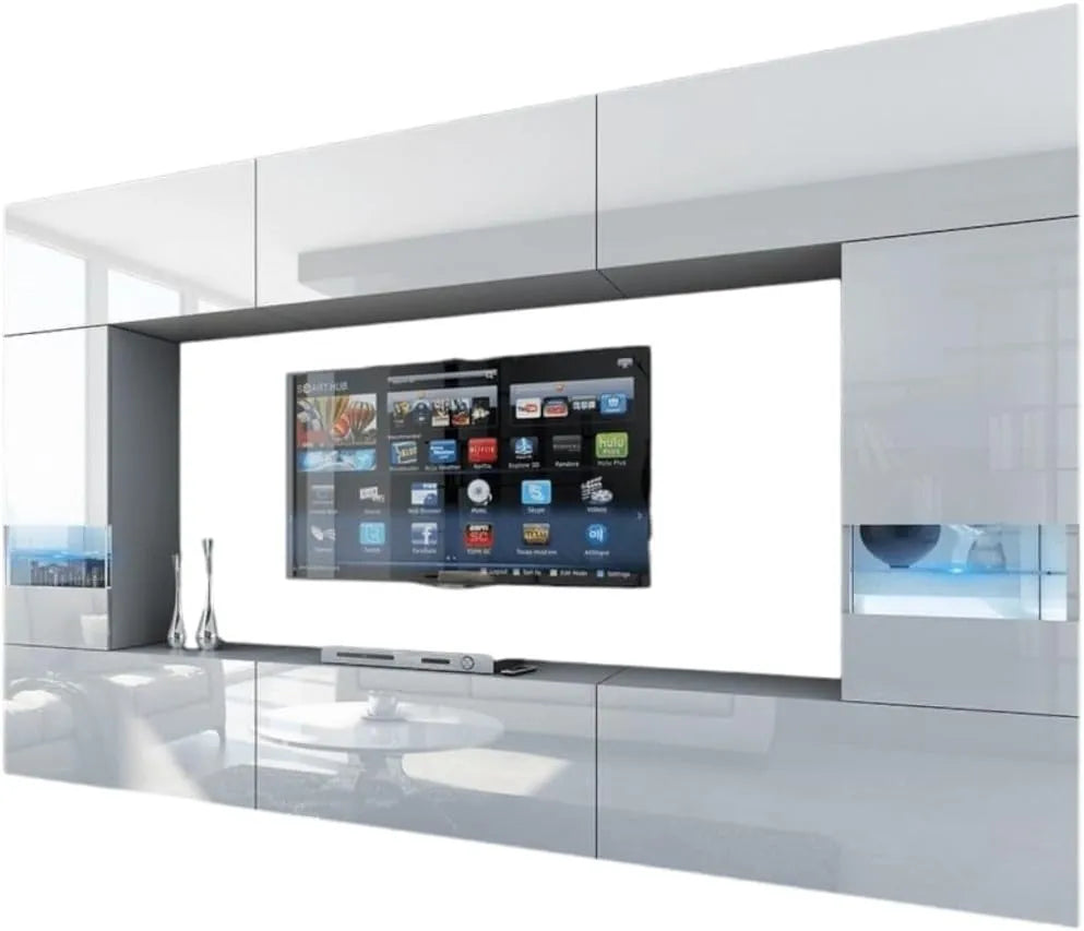 Ensemble de Salon Moderne Blanc, LED Intégrées, 8 Pièces Modulables, 249 cm