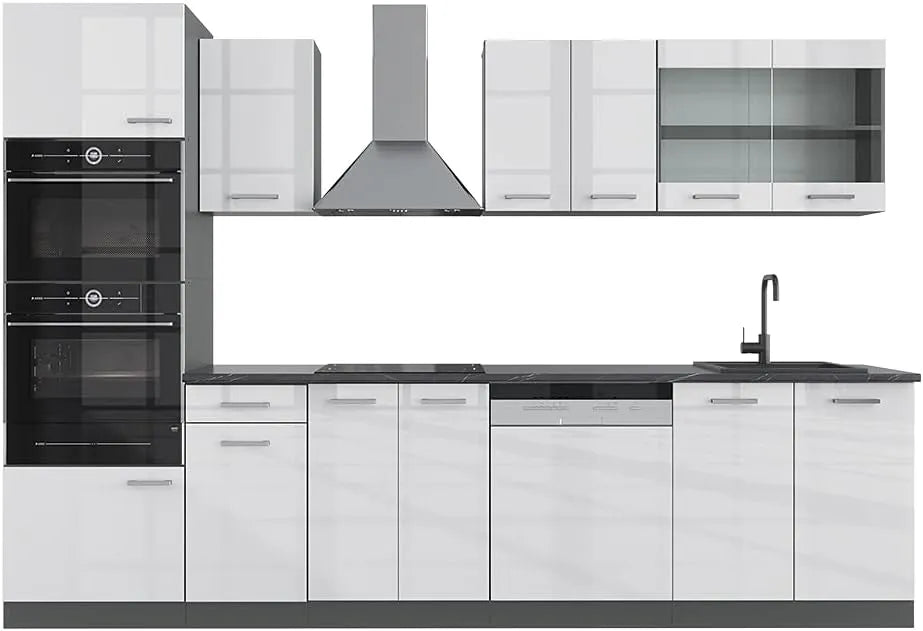 Vicco Cuisine R-Line 300 cm, Blanc Brillant et Anthracite avec Armoire Haute