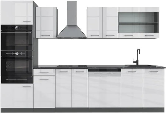Vicco Cuisine R-Line 300 cm, Blanc Brillant et Anthracite avec Armoire Haute