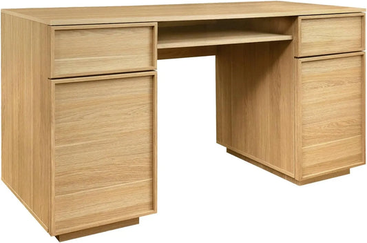 Bureau en Bois Naturel avec 2 Portes, 2 Tiroirs et Niche - 140 cm Kuba