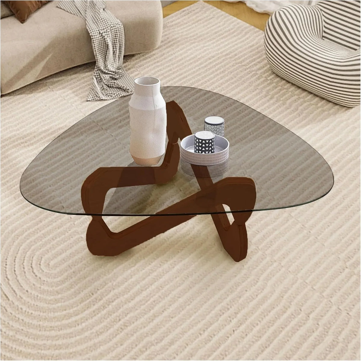 Table basse ovale en verre trempé et bois, design moderne pour salon