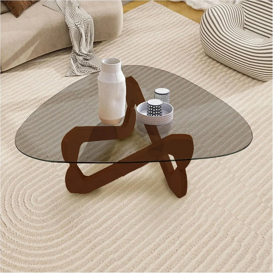 Table basse ovale en verre trempé et bois, design moderne pour salon