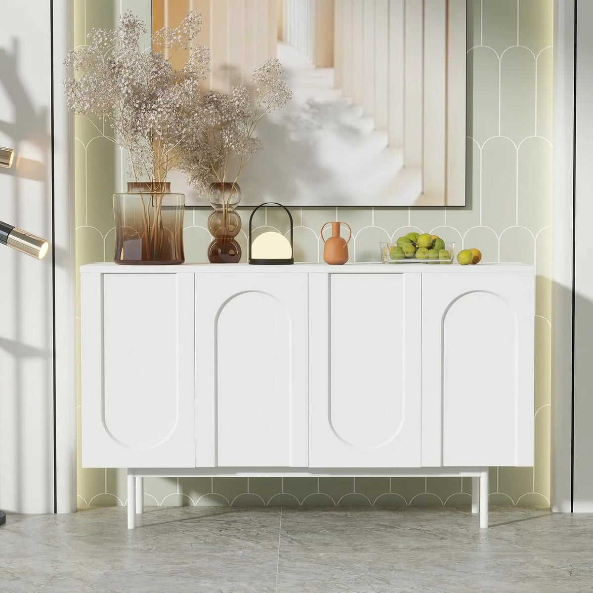 Grand buffet moderne blanc 4 portes avec motifs et pieds en métal, 160 cm