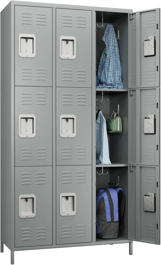 Casier de Sécurité Verrouillable 9 Compartiments avec Aération - Armoire Métallique pour Entreprises, Écoles et Bureaux - Gris Clair