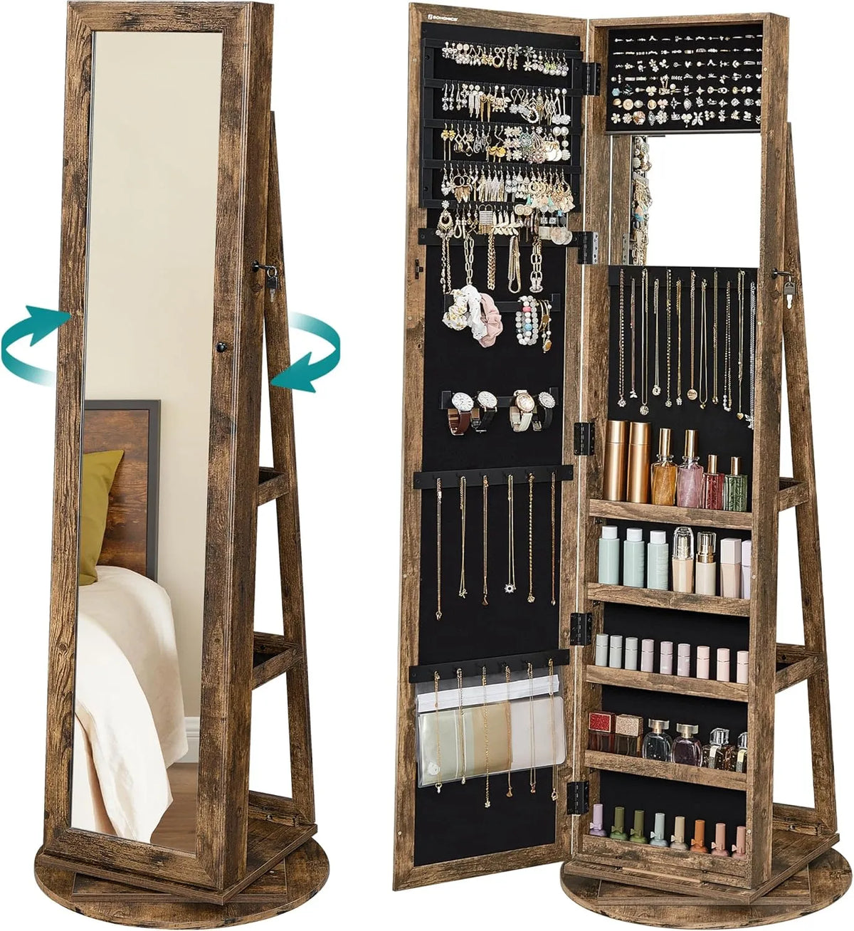 Armoire à Bijoux Pivotante 360° avec Miroir et Étagères - Marron Rustique
