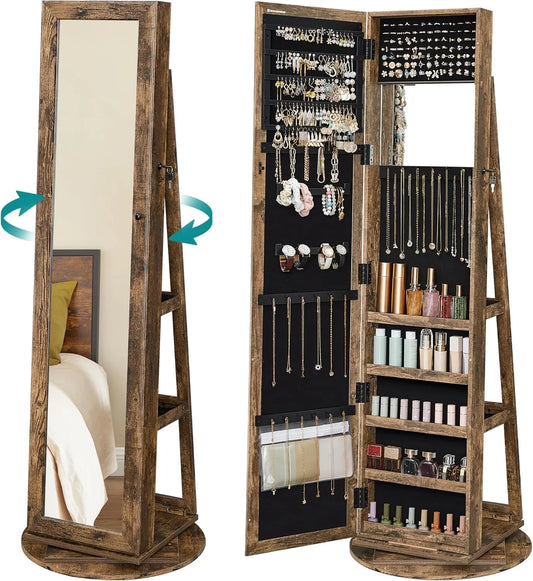 Armoire à Bijoux Pivotante 360° avec Miroir et Étagères - Marron Rustique