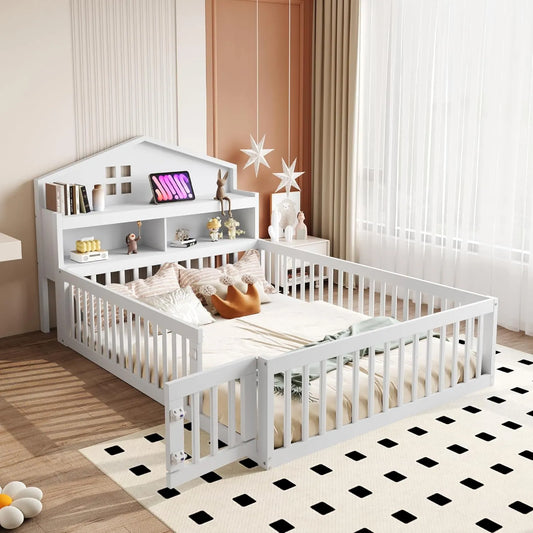 Lit enfant en bois avec barrière anti-chute, 140x200 cm, blanc, avec sommier à lattes et rangement intégré