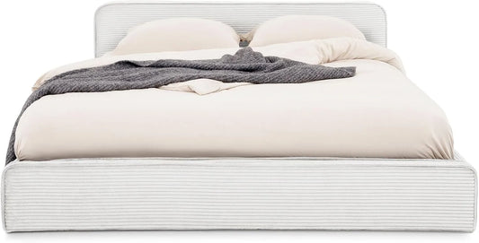 Lit Double Moderne 140x190 cm en Velours Côtelé Ivoire avec Sommier