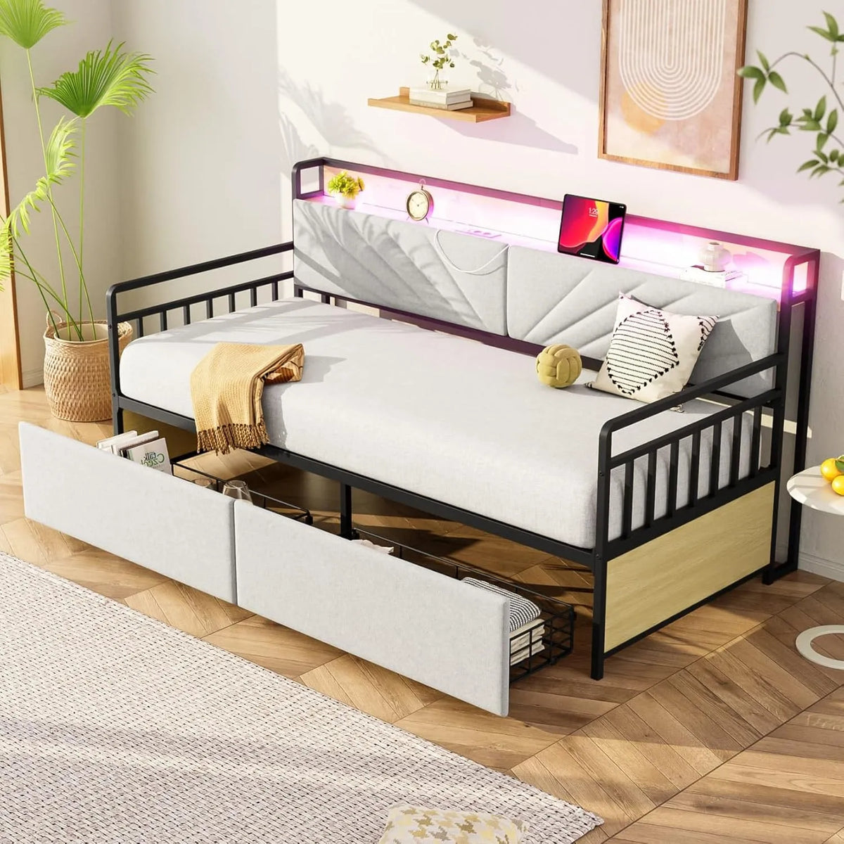 Canapé-lit 90x200 cm avec LED, prise USB et 2 tiroirs, multifonction, cadre en métal, sans matelas (beige)